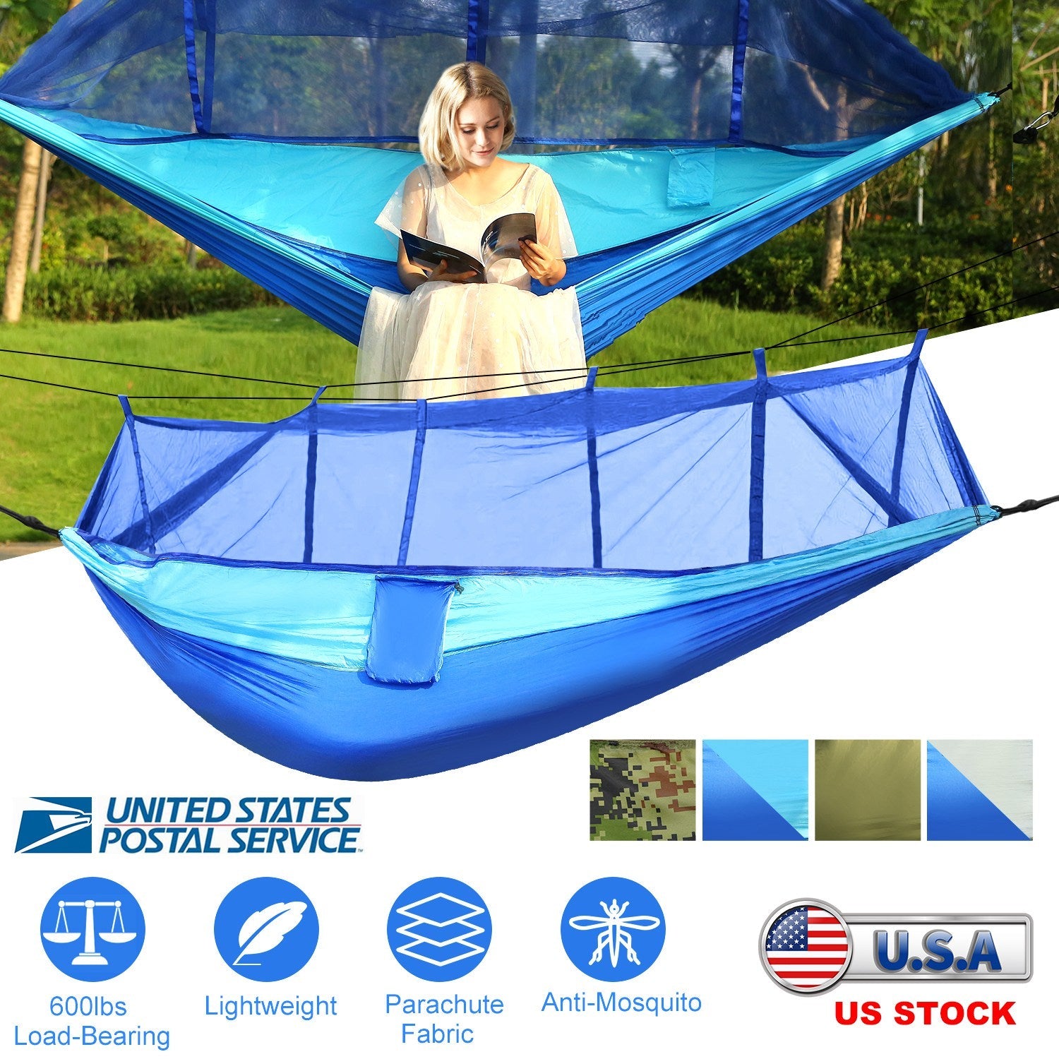 600lbs Two Person Hammock Mosquito Net Camping Hiking Portable Nylon