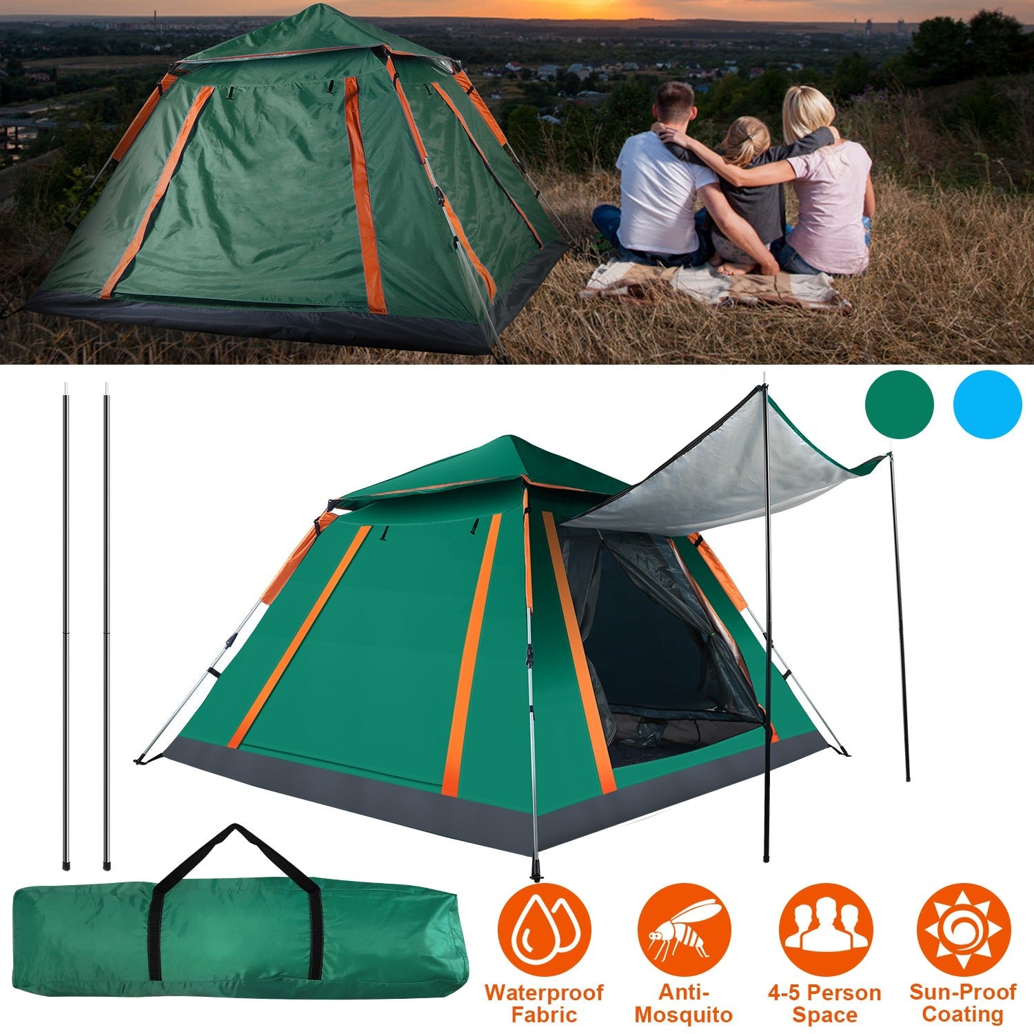 4-5 Person Waterproof Camping Tent Foldable Mosquito Net Hiking Bag