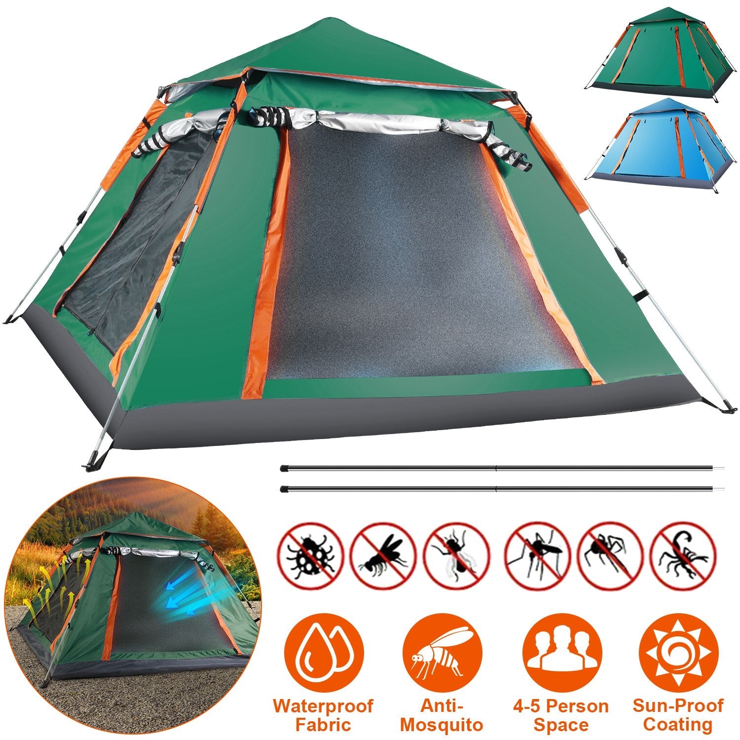 4-5 Person Waterproof Camping Tent Foldable Mosquito Net Hiking Bag