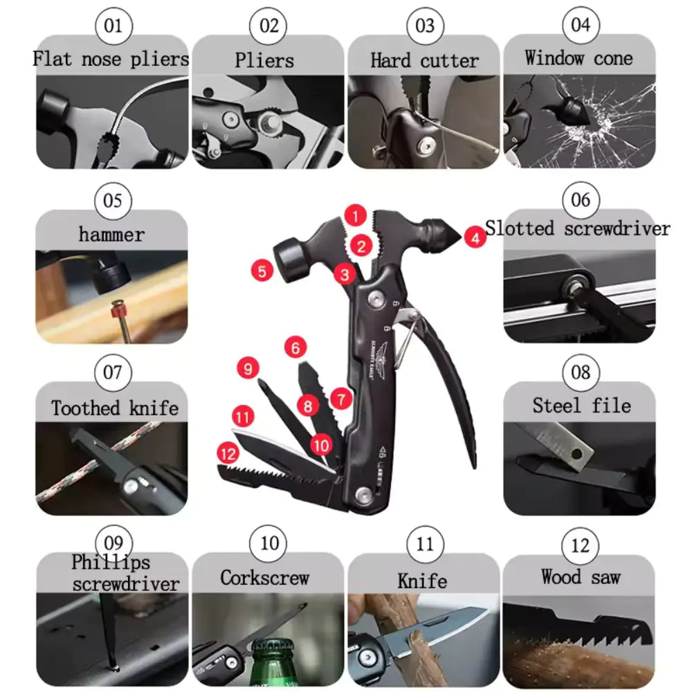 Multi-Tool Hammer Hatchet Knife Saw Mini Claw Safety Tool