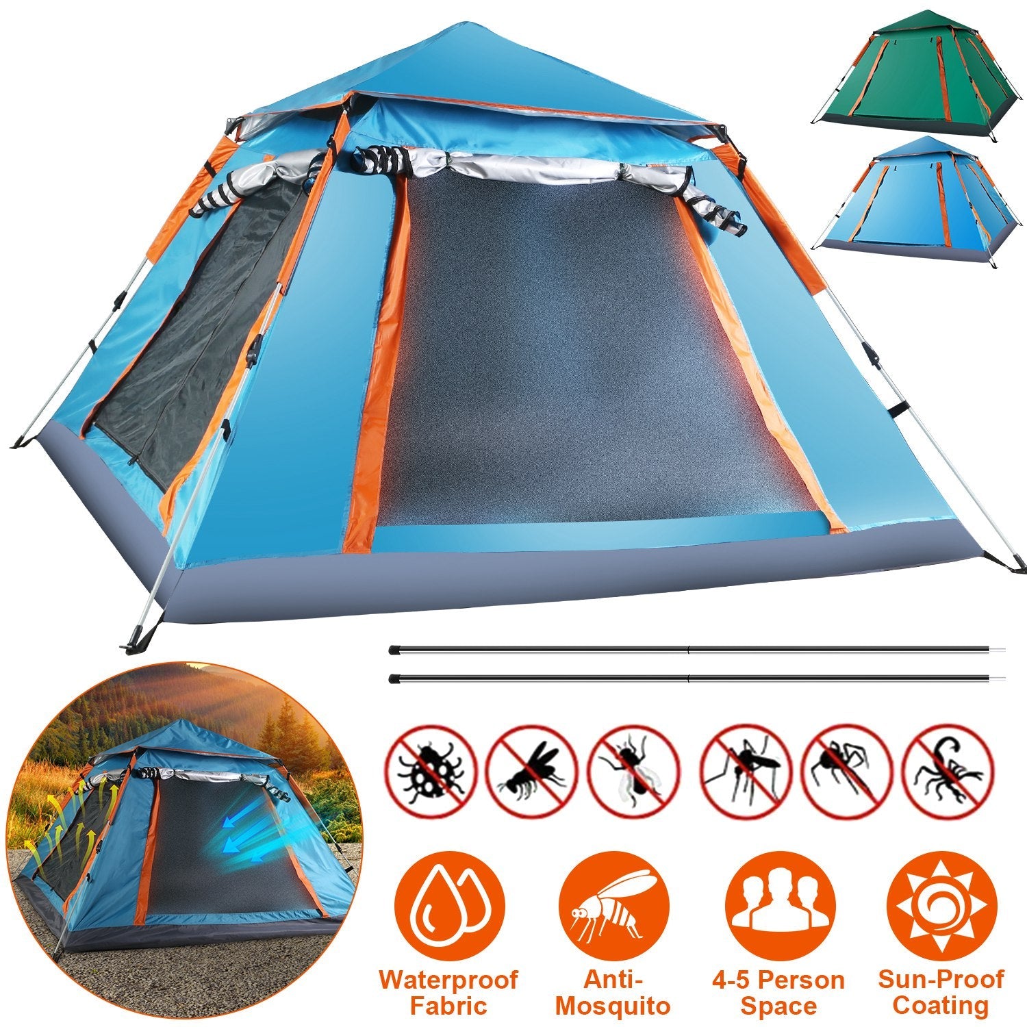 4-5 Person Waterproof Camping Tent Foldable Mosquito Net Hiking Bag