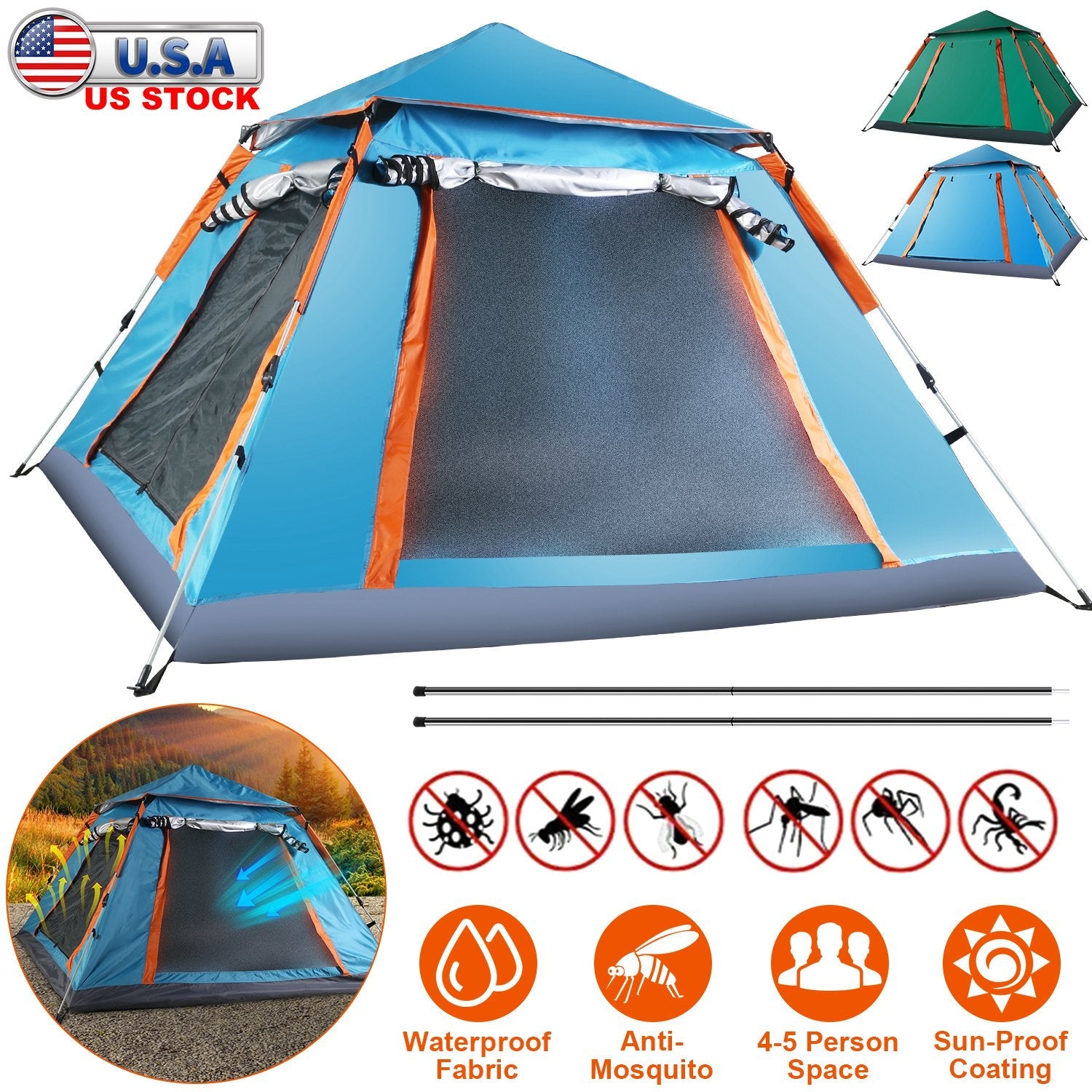 4-5 Person Waterproof Camping Tent Foldable Mosquito Net Hiking Bag