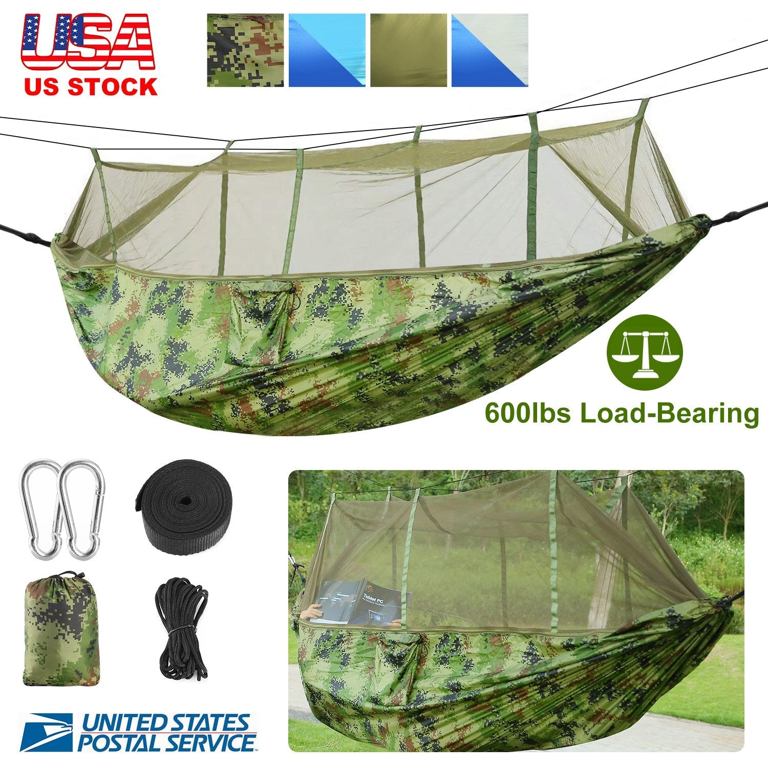 600lbs Two Person Hammock Mosquito Net Camping Hiking Portable Nylon