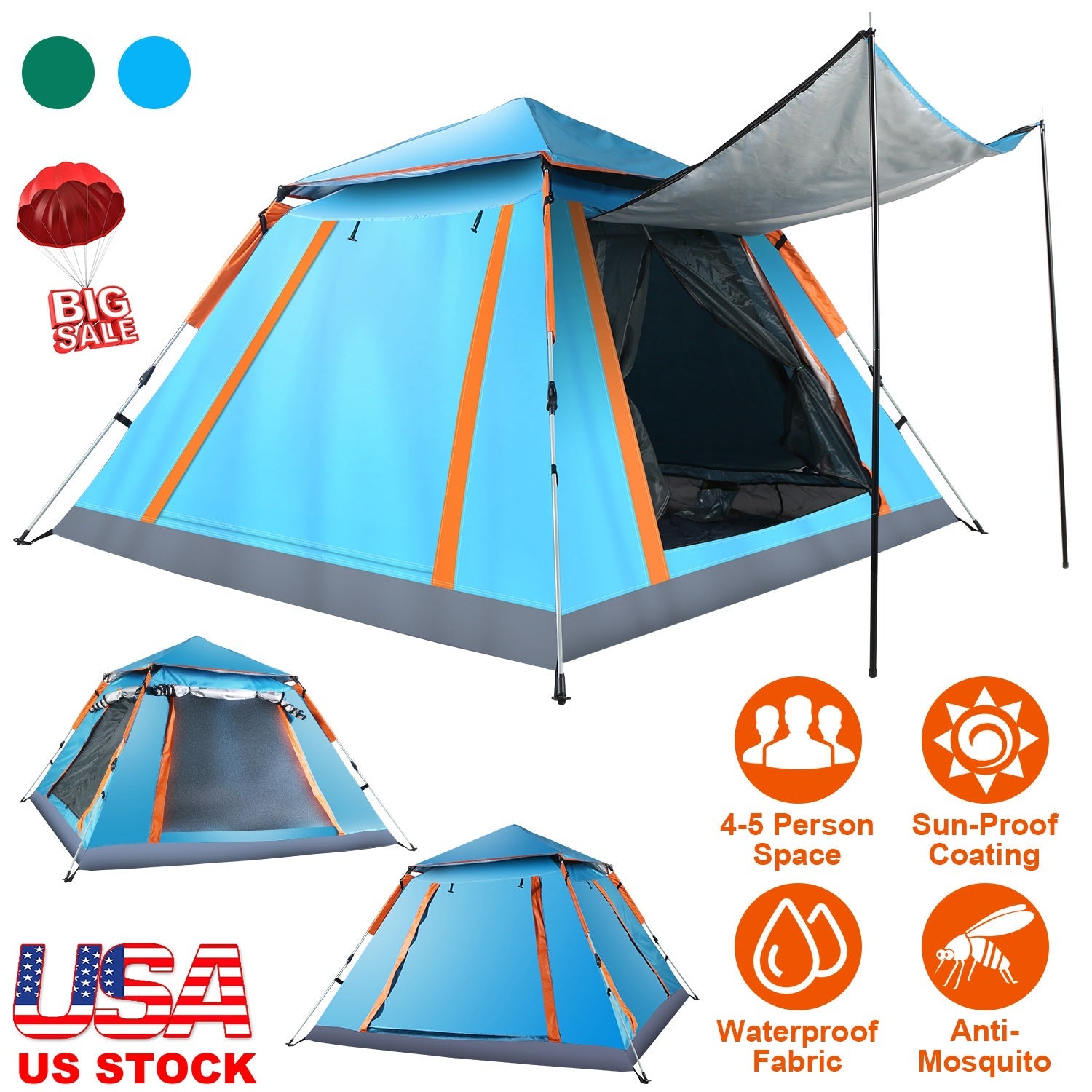 4-5 Person Waterproof Camping Tent Foldable Mosquito Net Hiking Bag