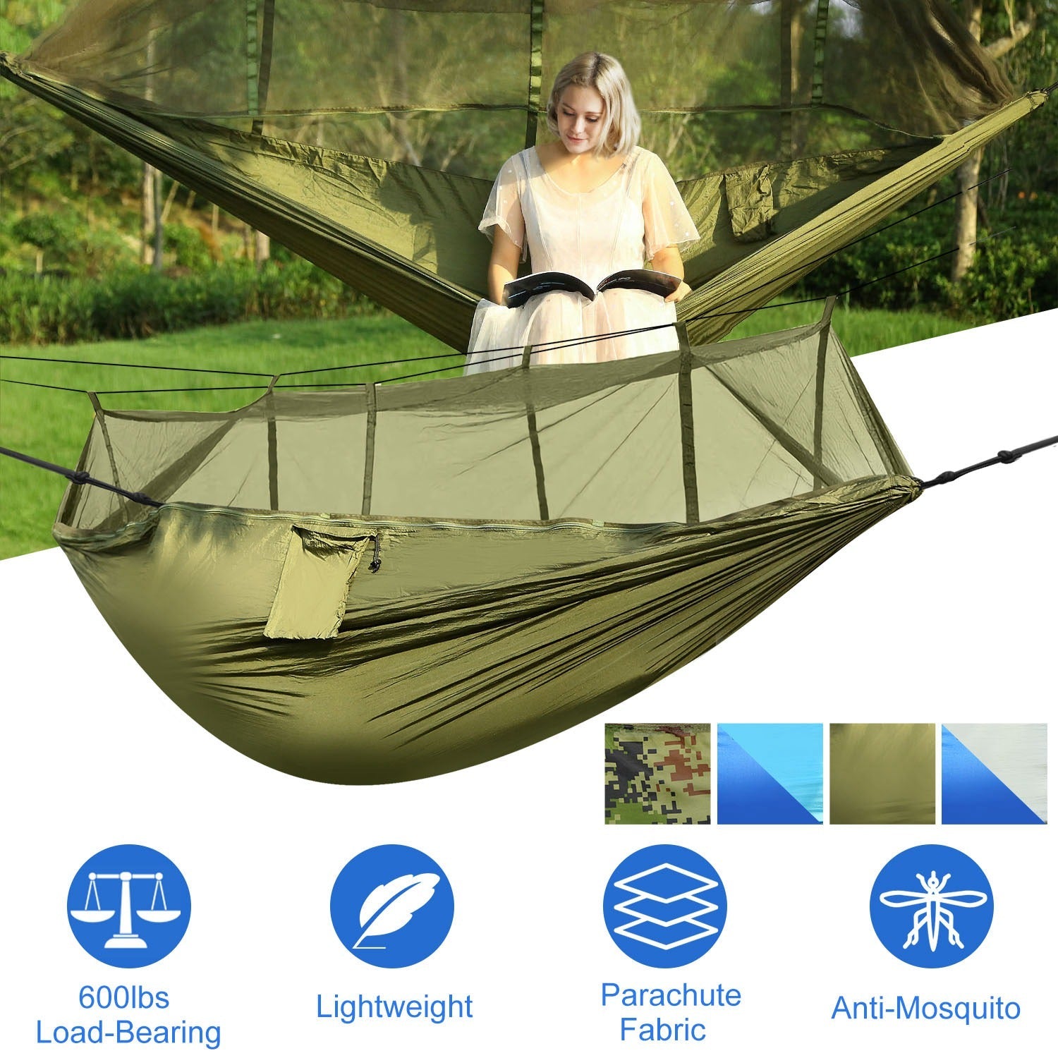 600lbs Two Person Hammock Mosquito Net Camping Hiking Portable Nylon