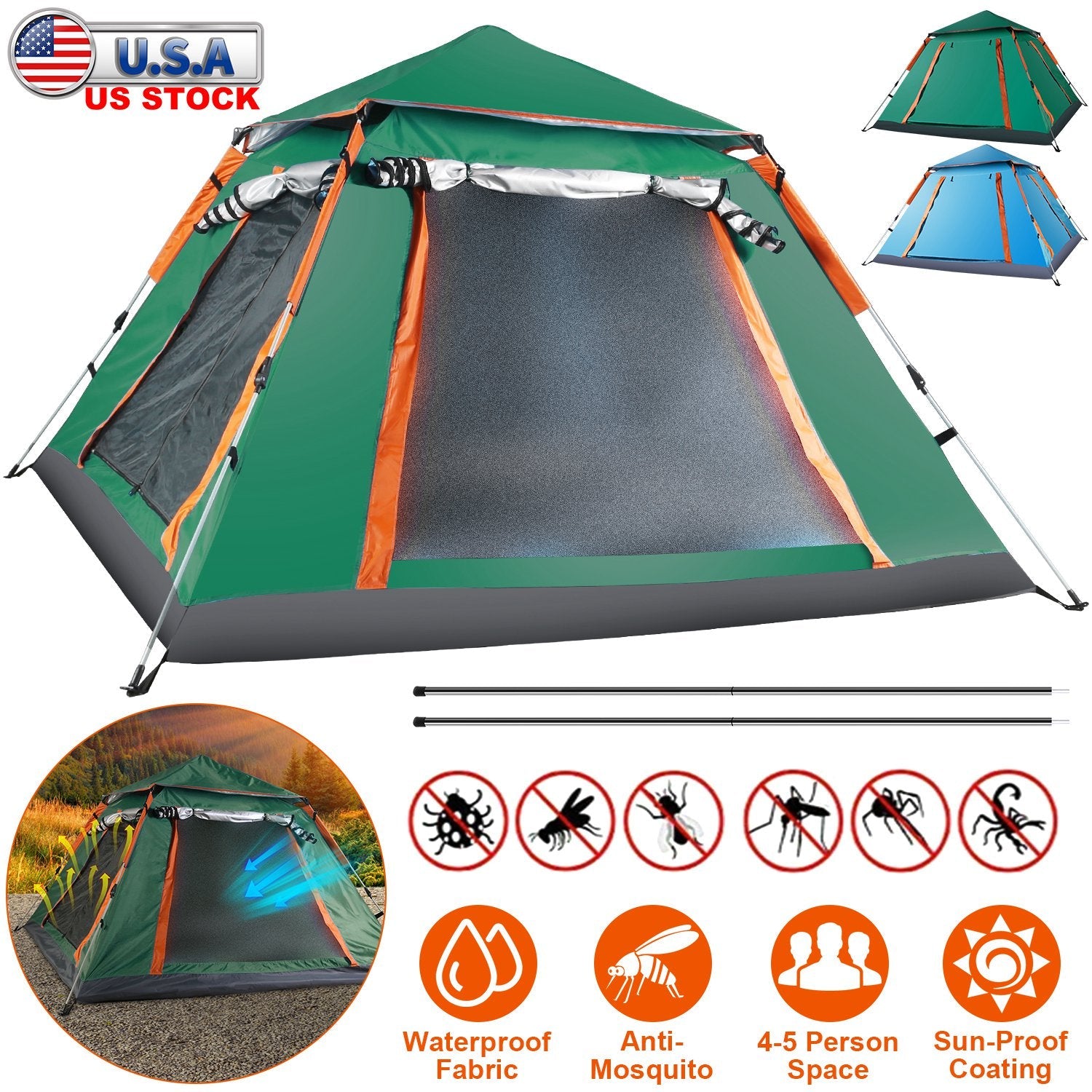 4-5 Person Waterproof Camping Tent Foldable Mosquito Net Hiking Bag