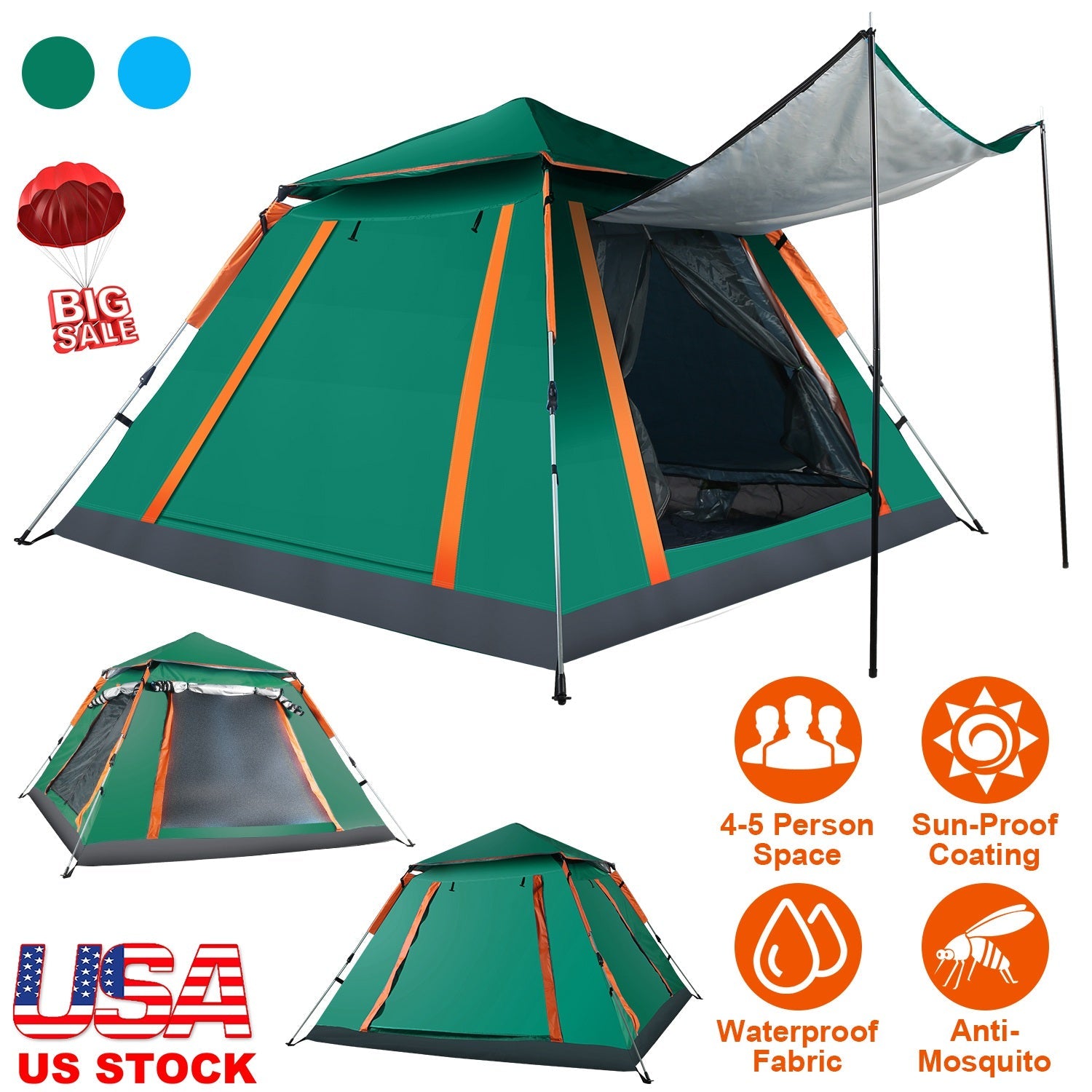 4-5 Person Waterproof Camping Tent Foldable Mosquito Net Hiking Bag