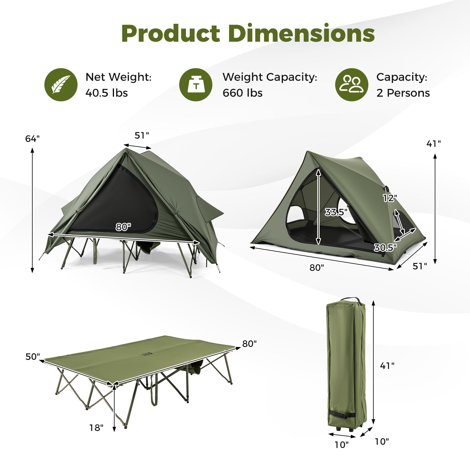 Foldable 2 Person Camping Cot Tent Pop Up Shelter Wheeled