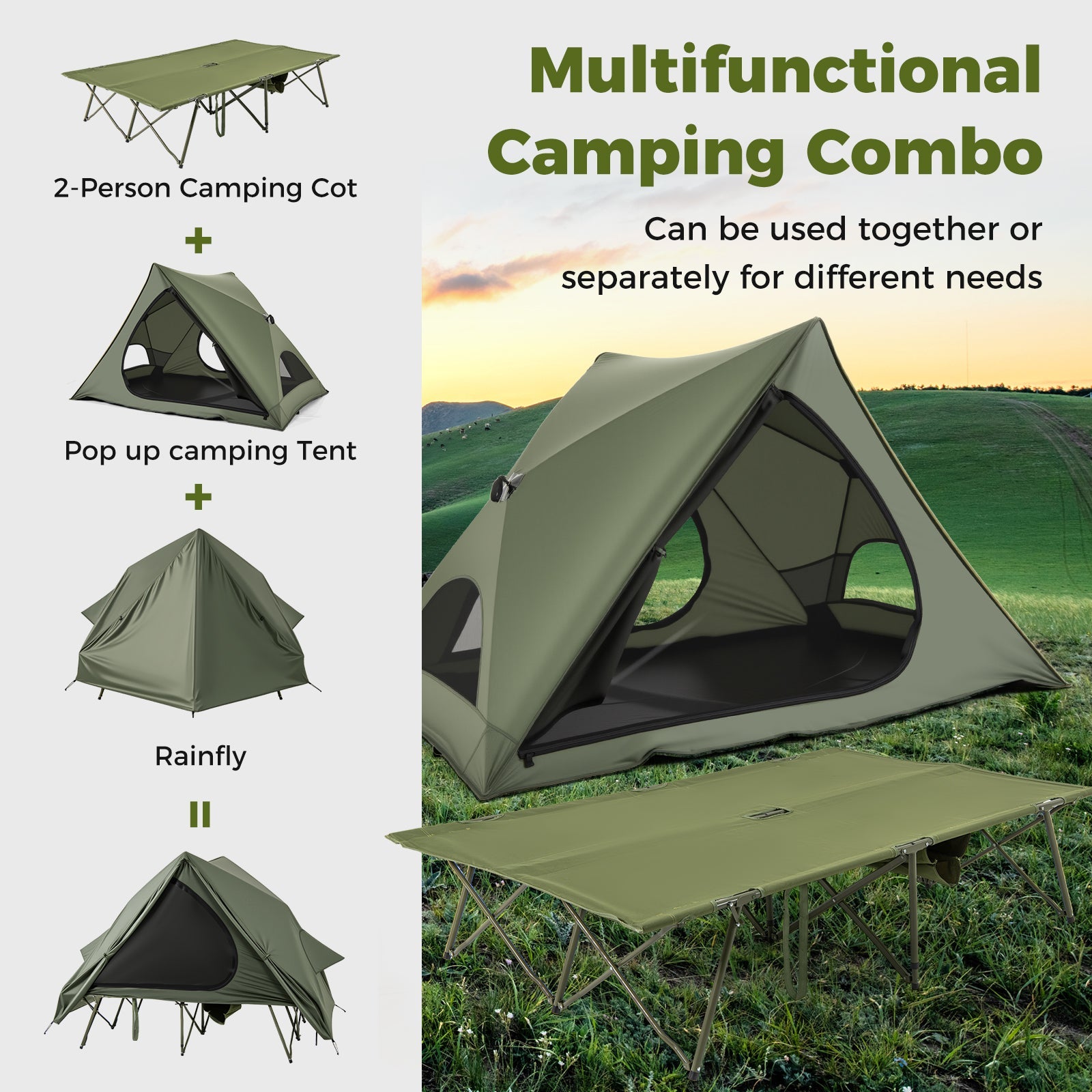 Foldable 2 Person Camping Cot Tent Pop Up Shelter Wheeled