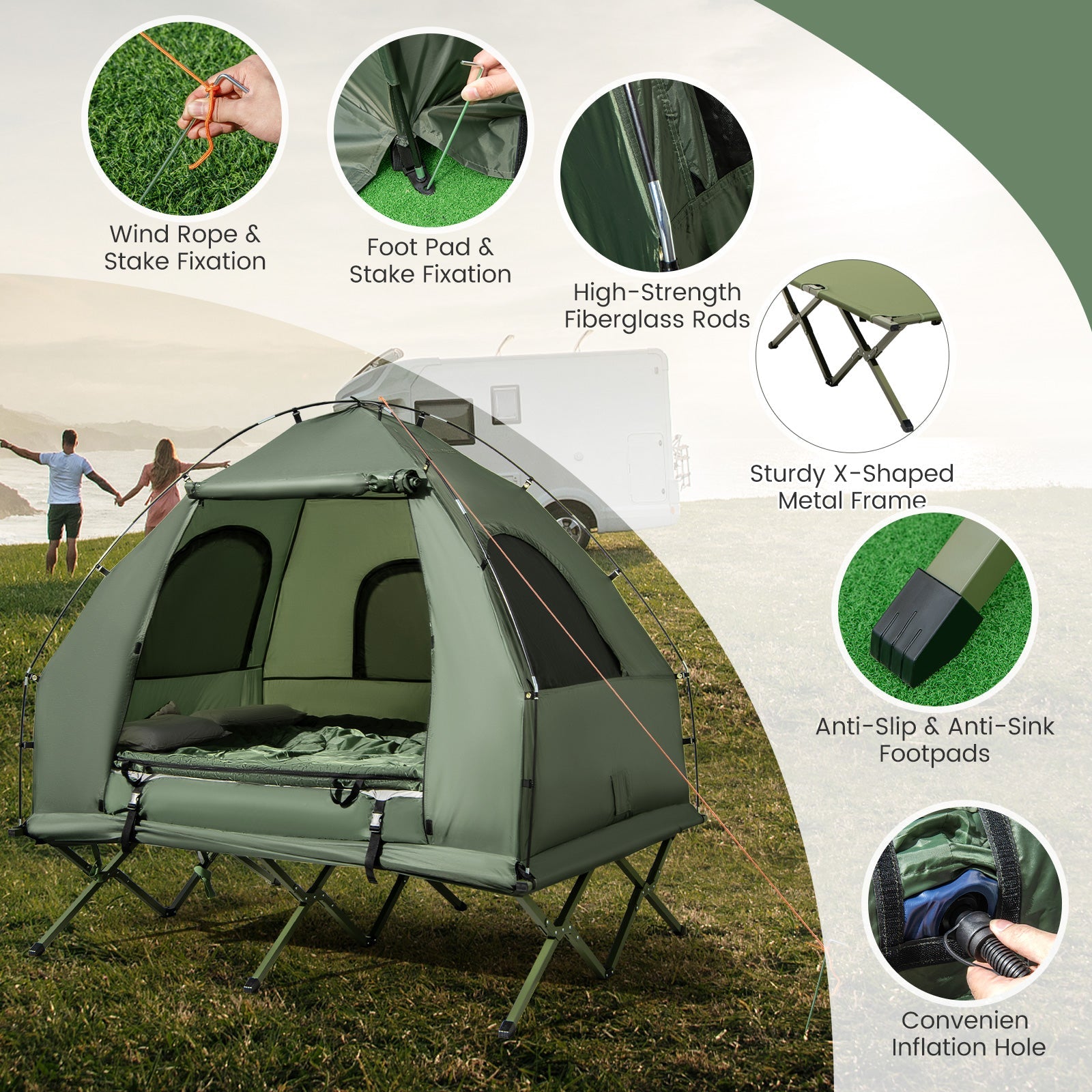 5-in-1 Two Person Camping Tent Cot Air Mattress Sleeping Bag