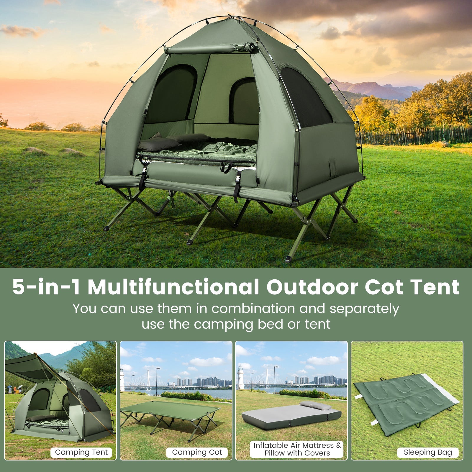 5-in-1 Two Person Camping Tent Cot Air Mattress Sleeping Bag
