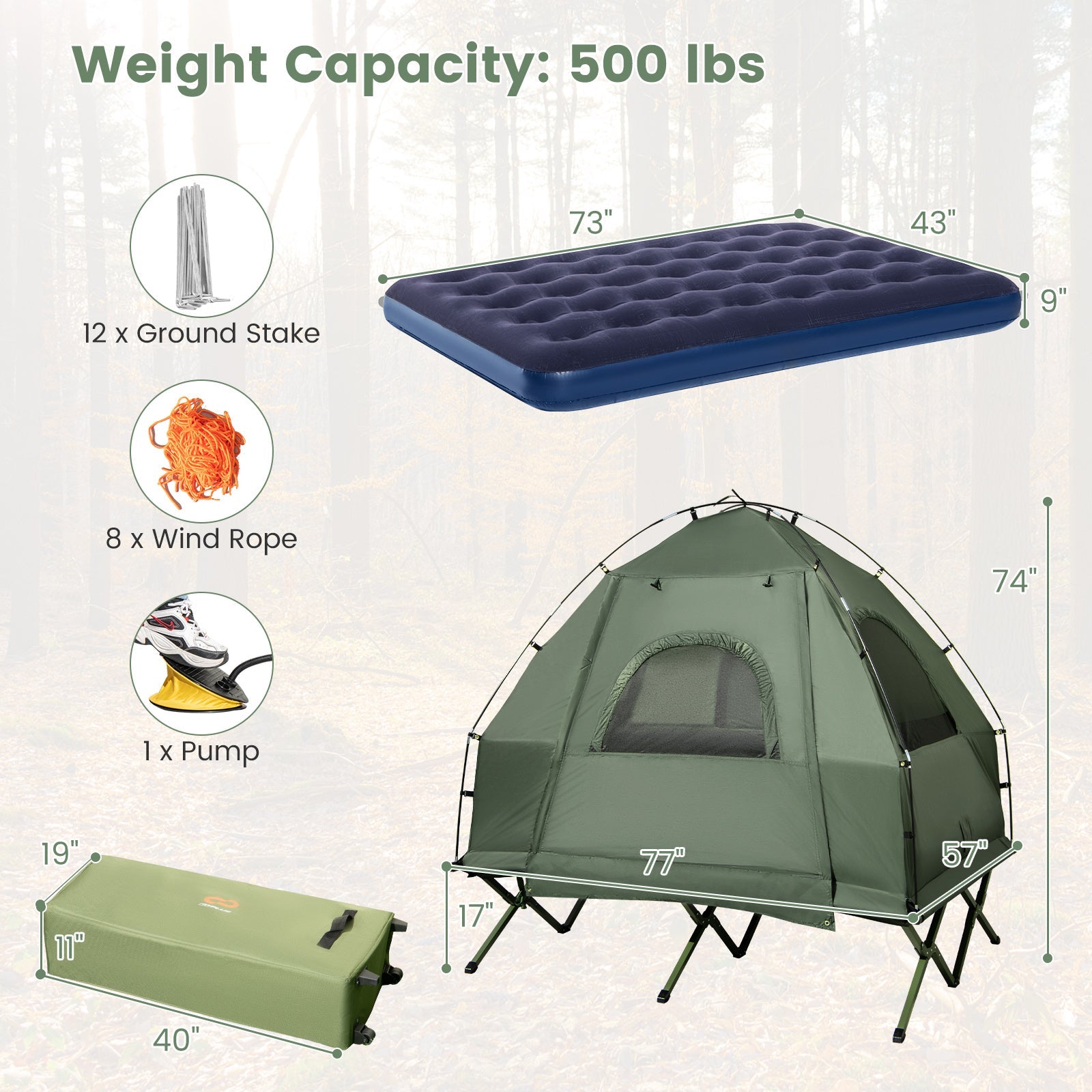 5-in-1 Two Person Camping Tent Cot Air Mattress Sleeping Bag