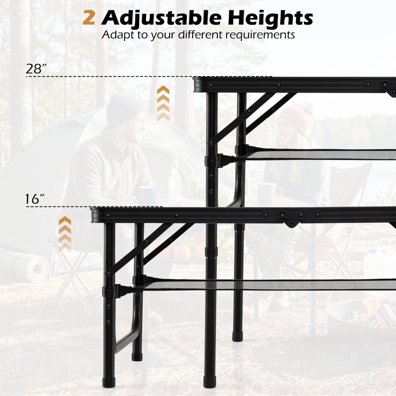 Folding Camping Table with Adjustable Heights Storage Net & Handle