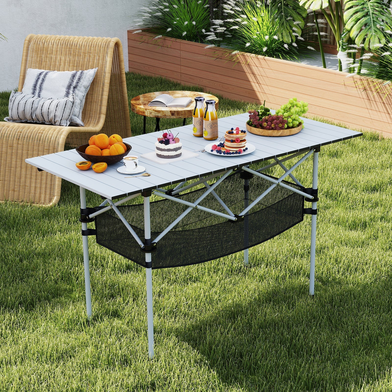 Patio Folding Camping Table with Roll-up Tabletop and Mesh Basket