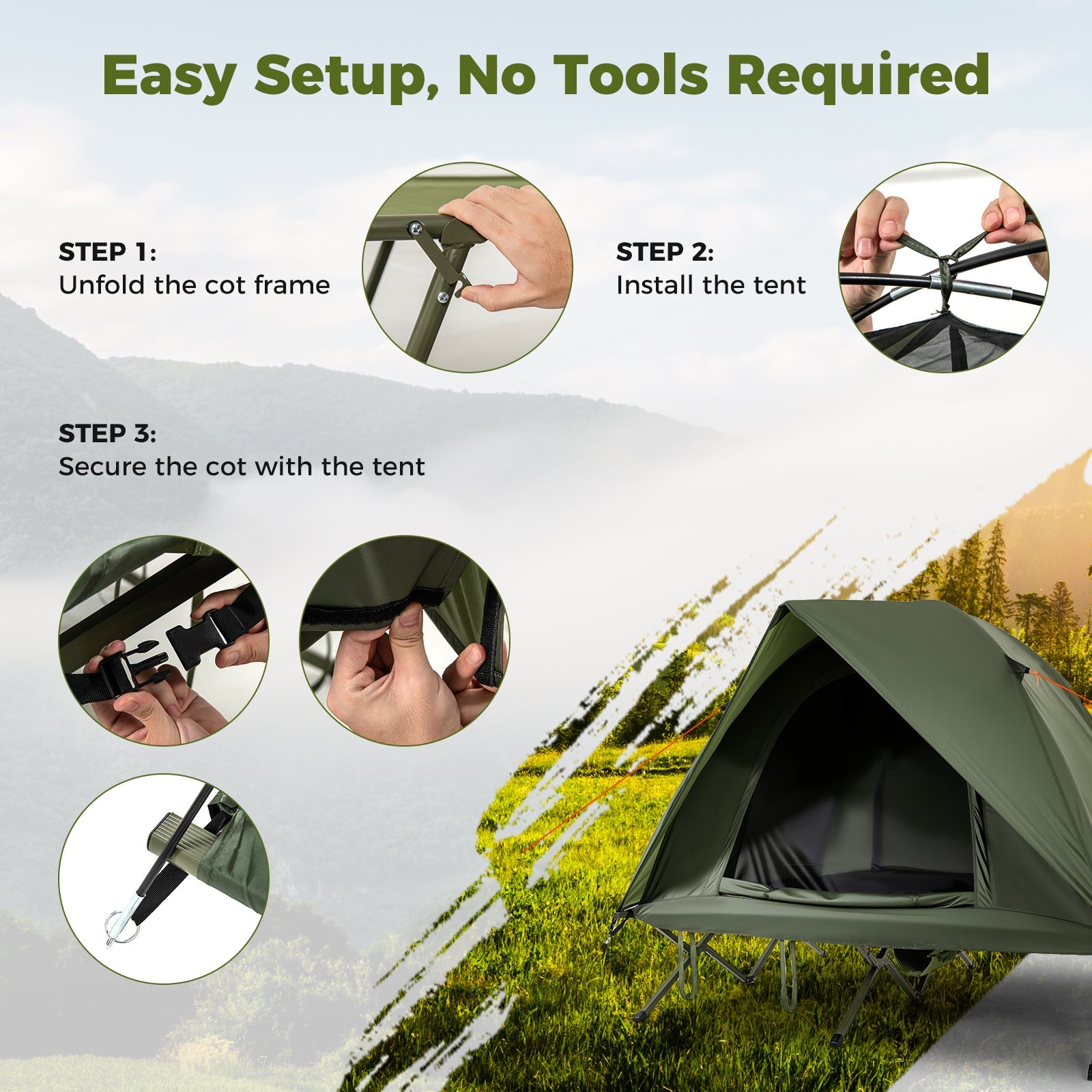 2-Person Camping Cot Tent Foldable Off-Ground Camping Combo for Adults