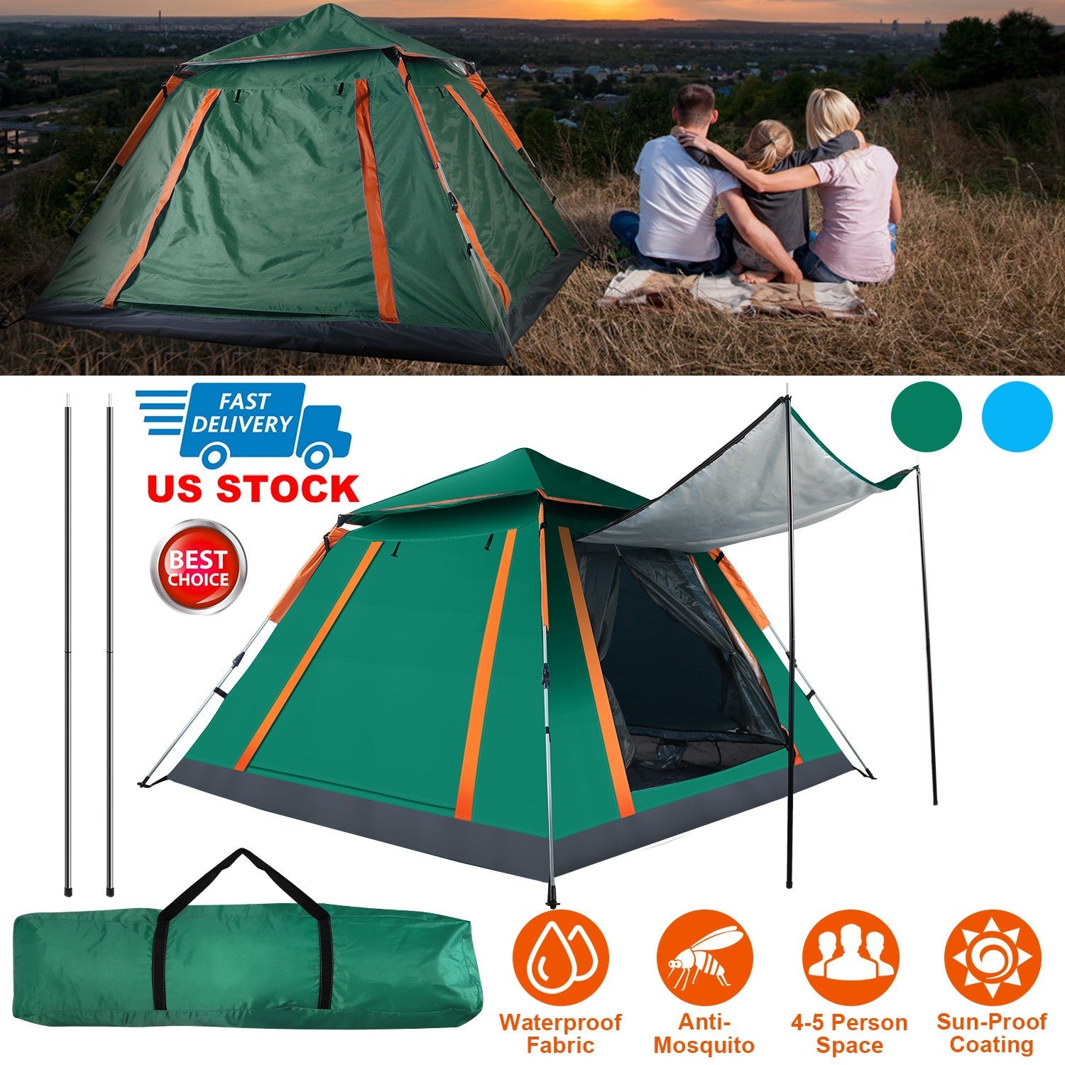 4-5 Person Waterproof Camping Tent Foldable Mosquito Net Hiking Bag