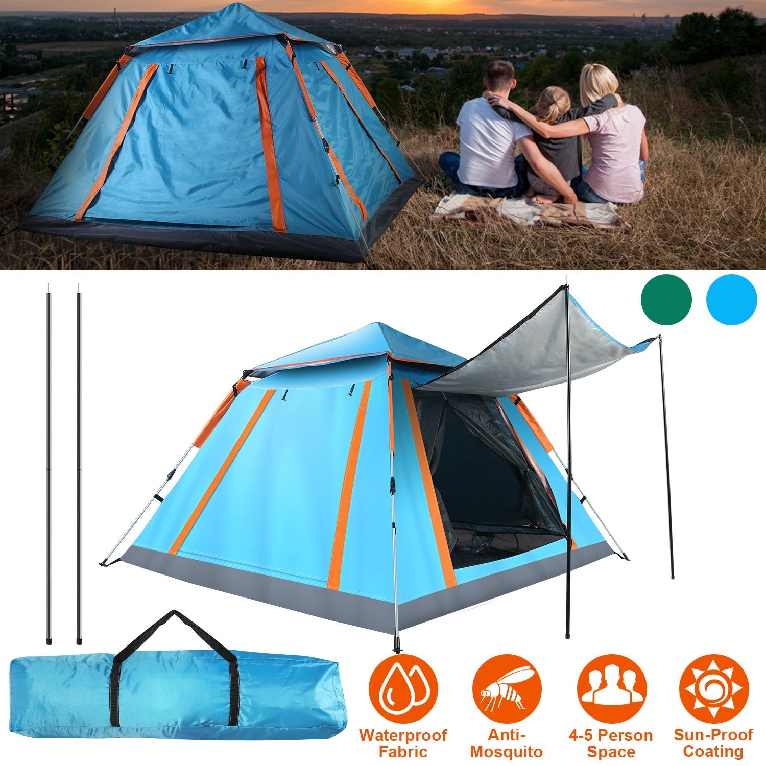 4-5 Person Waterproof Camping Tent Foldable Mosquito Net Hiking Bag
