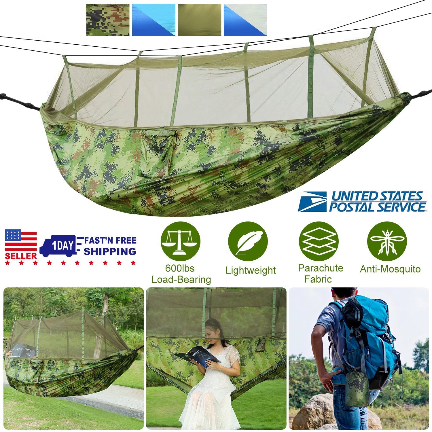 600lbs Two Person Hammock Mosquito Net Camping Hiking Portable Nylon
