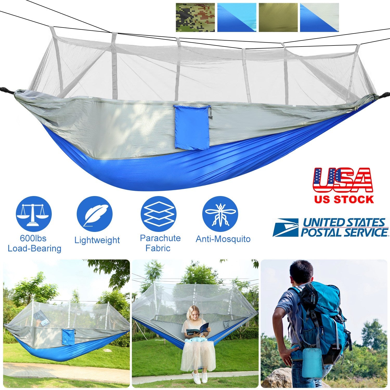 600lbs Two Person Hammock Mosquito Net Camping Hiking Portable Nylon