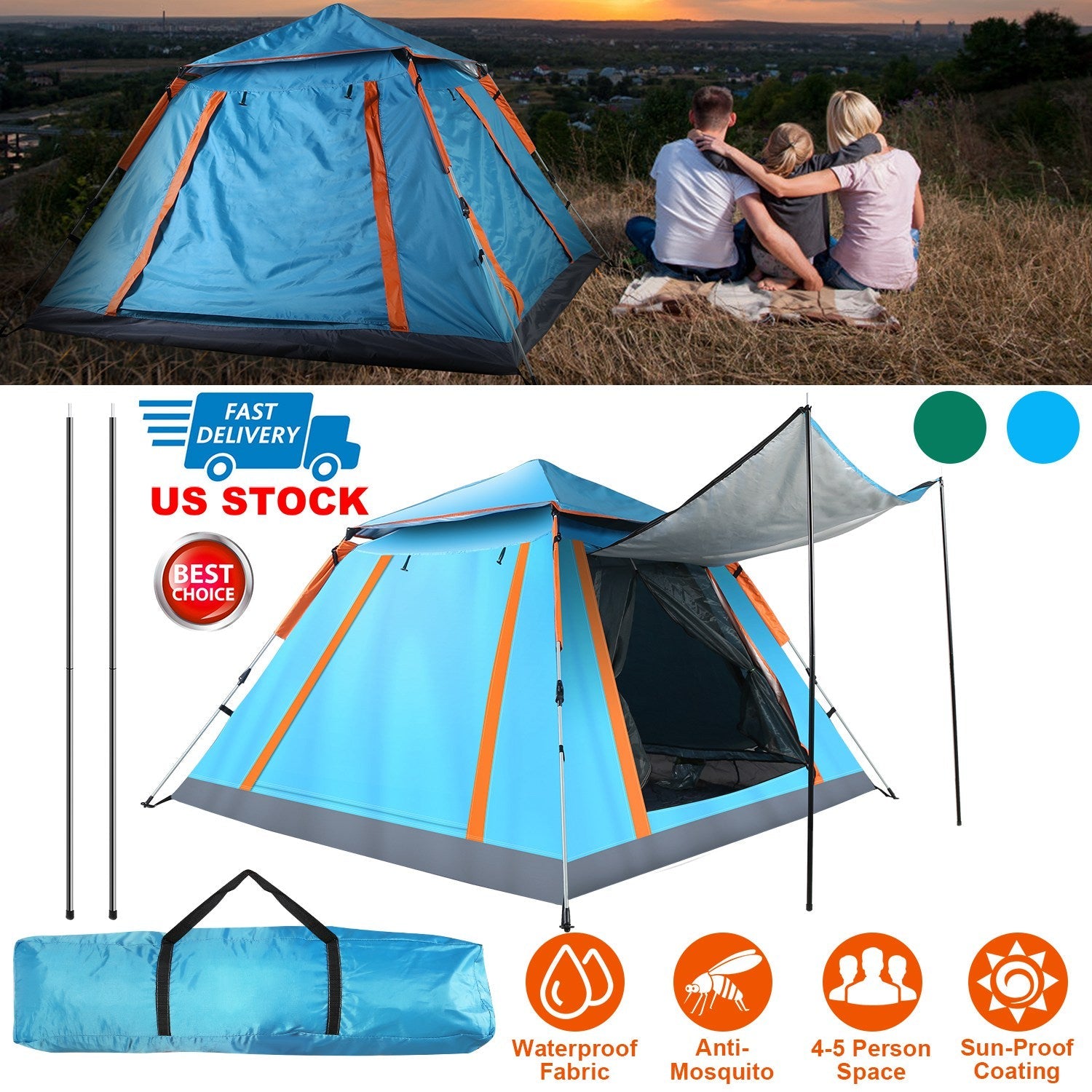 4-5 Person Waterproof Camping Tent Foldable Mosquito Net Hiking Bag