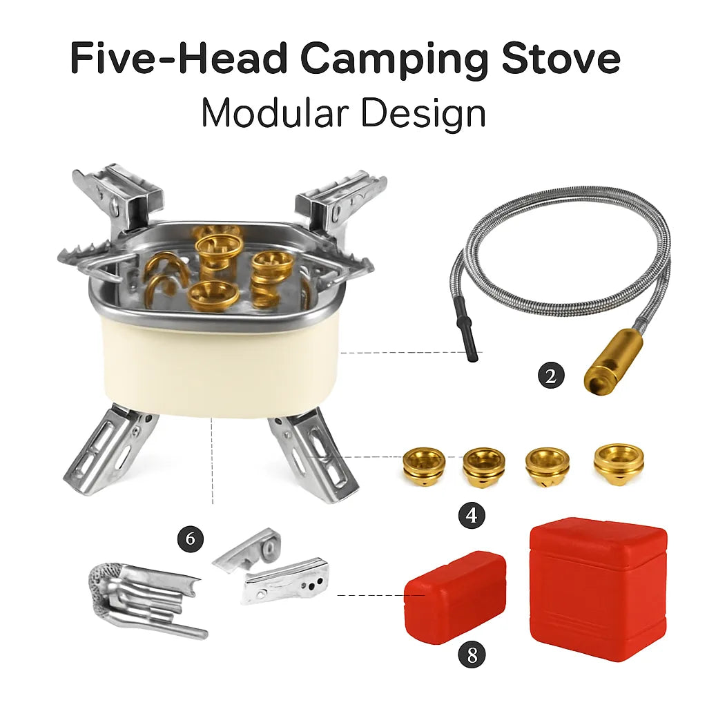 13000W Portable Windproof Camping Stove Five Head Gas Burner Ignition