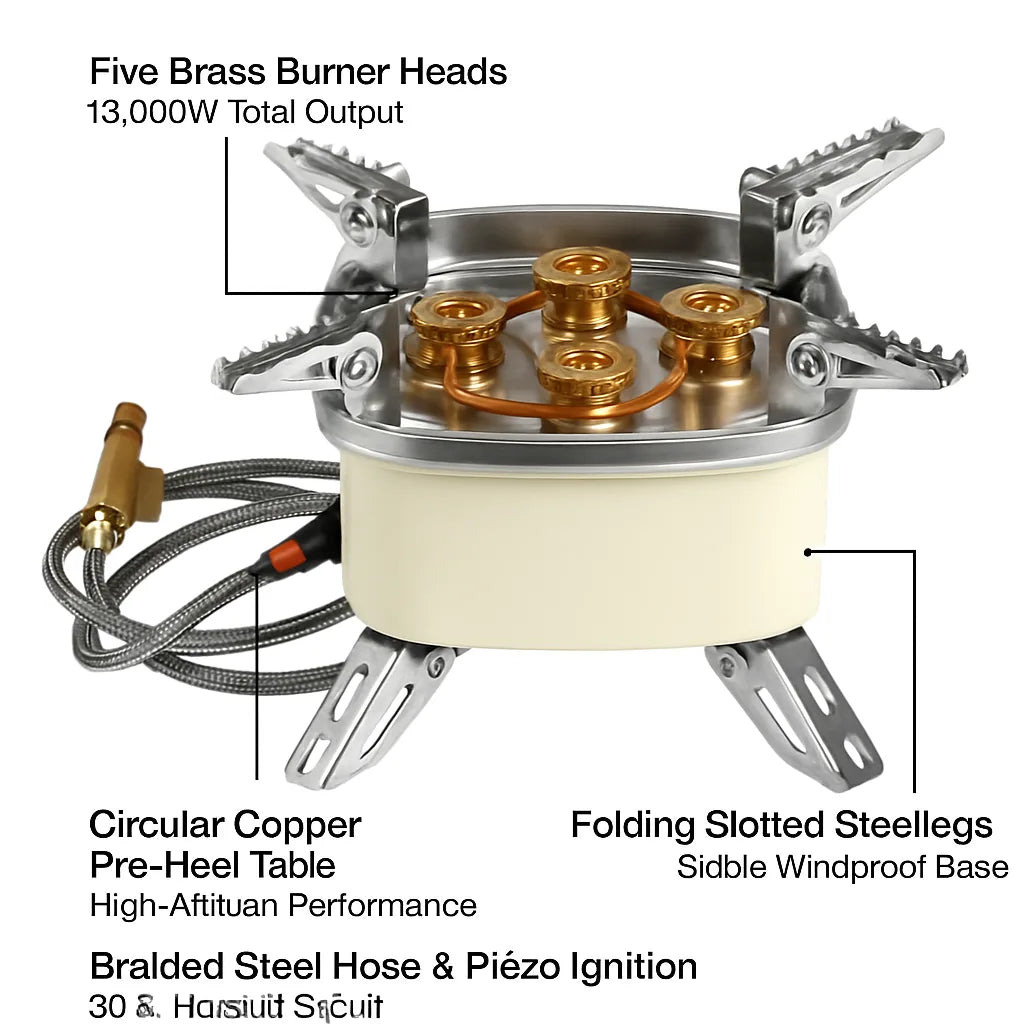 13000W Portable Windproof Camping Stove Five Head Gas Burner Ignition