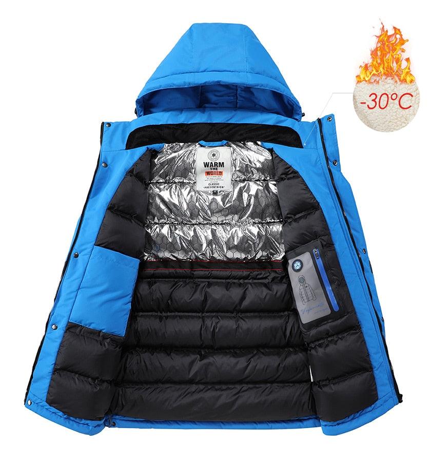 Men Blue Winter Ski Jacket Warm Waterproof Hooded Fleece Coat