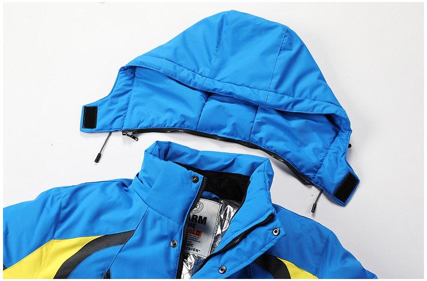 Men Blue Winter Ski Jacket Warm Waterproof Hooded Fleece Coat