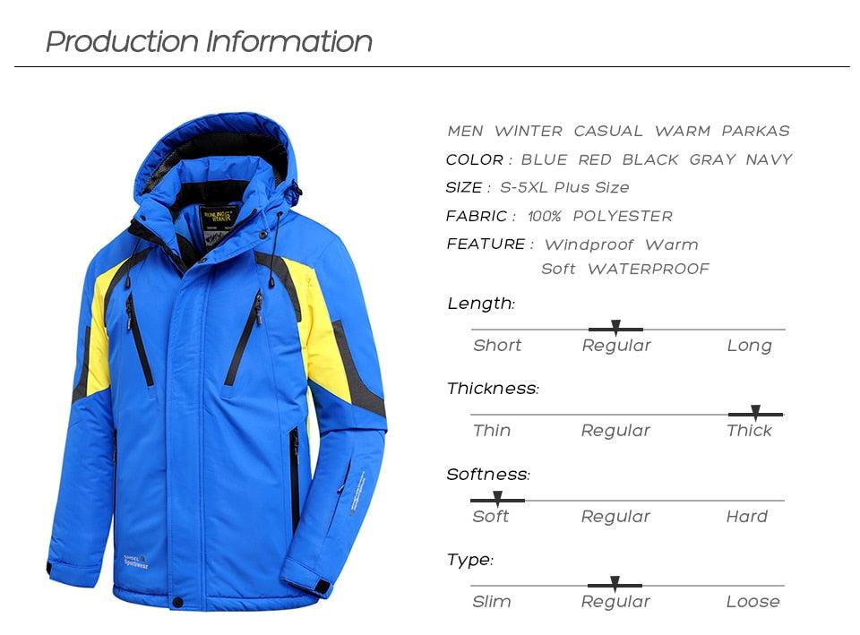 Men Blue Winter Ski Jacket Warm Waterproof Hooded Fleece Coat