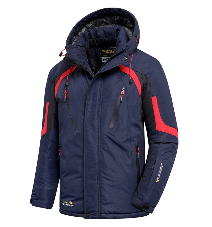 Men Blue Winter Ski Jacket Warm Waterproof Hooded Fleece Coat