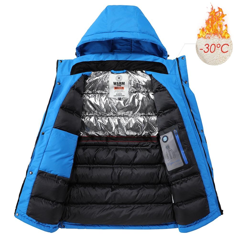 Men Blue Winter Ski Jacket Warm Waterproof Hooded Fleece Coat