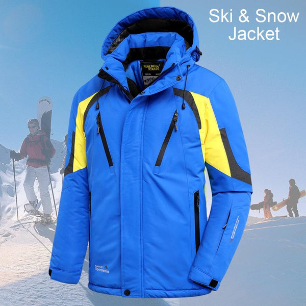 Men Blue Winter Ski Jacket Warm Waterproof Hooded Fleece Coat