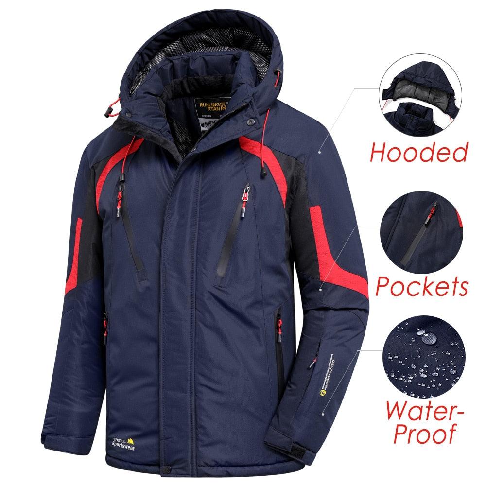Men Blue Winter Ski Jacket Warm Waterproof Hooded Fleece Coat