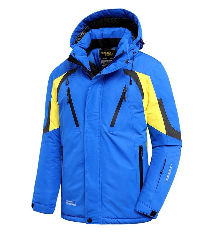 Men Blue Winter Ski Jacket Warm Waterproof Hooded Fleece Coat