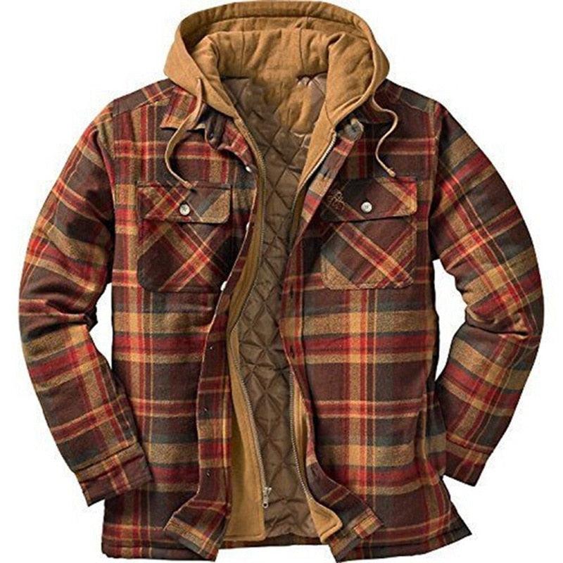 Men Plaid Hooded Autumn Winter Shirt Jacket Casual Warm Coat