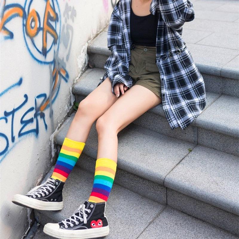 New Arrival Cotton Elasticity Sweat Women Long Sock Candy Colors Rainbow Patterned Sporty Retro Harajuku Casual Socks For Men And Women