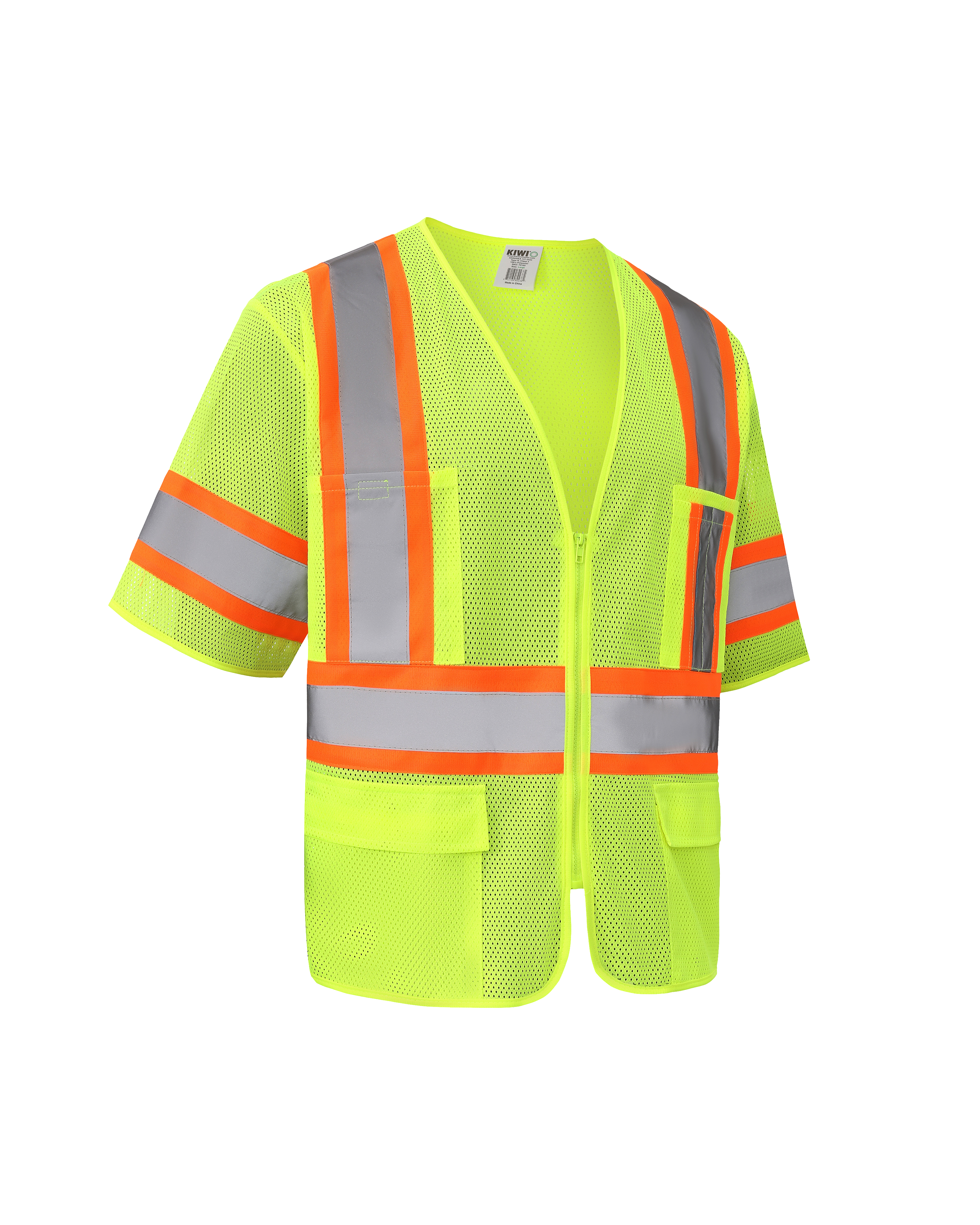 Kiwi High Visibility ANSI/ISEA 107-2020, Type R, Class 3 Contrast Trimmed Neon Short Sleeve Safety Vest [72100]